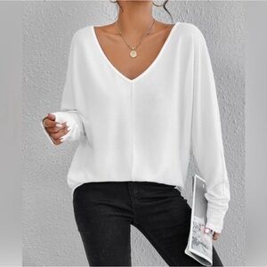 White Oversized V Neck Batwing Long Sleeve Knit Tee